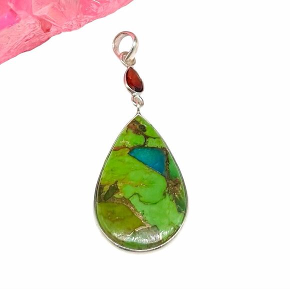 Kingman Green Turquoise & Garnet Necklace Pendant Solid 925 Sterling Silver